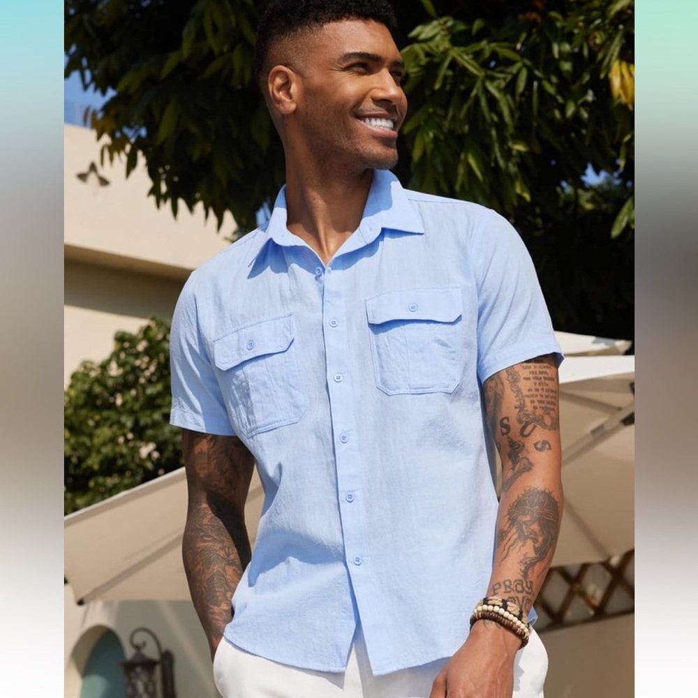 COOFANDY Men's Cotton Linen Short Sleeve Casual Button Down Shirt!! NEW!!👕🩵